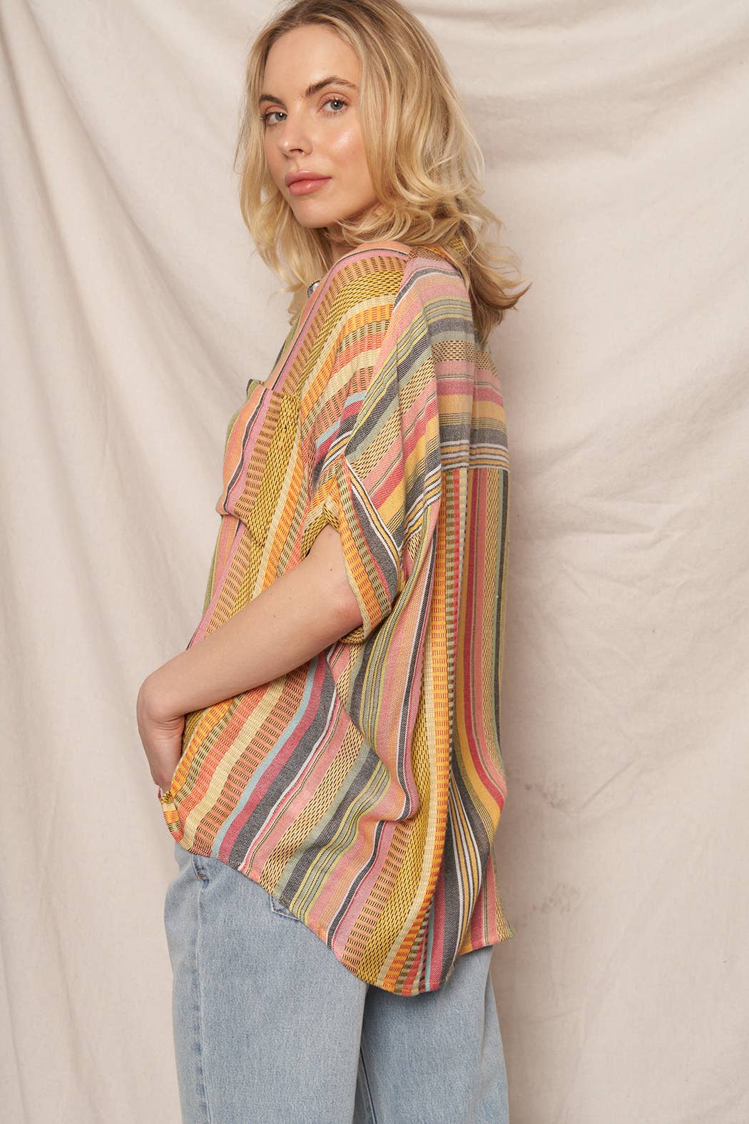 Multicolor Striped Button Down Shirt: YELLOW MULTI