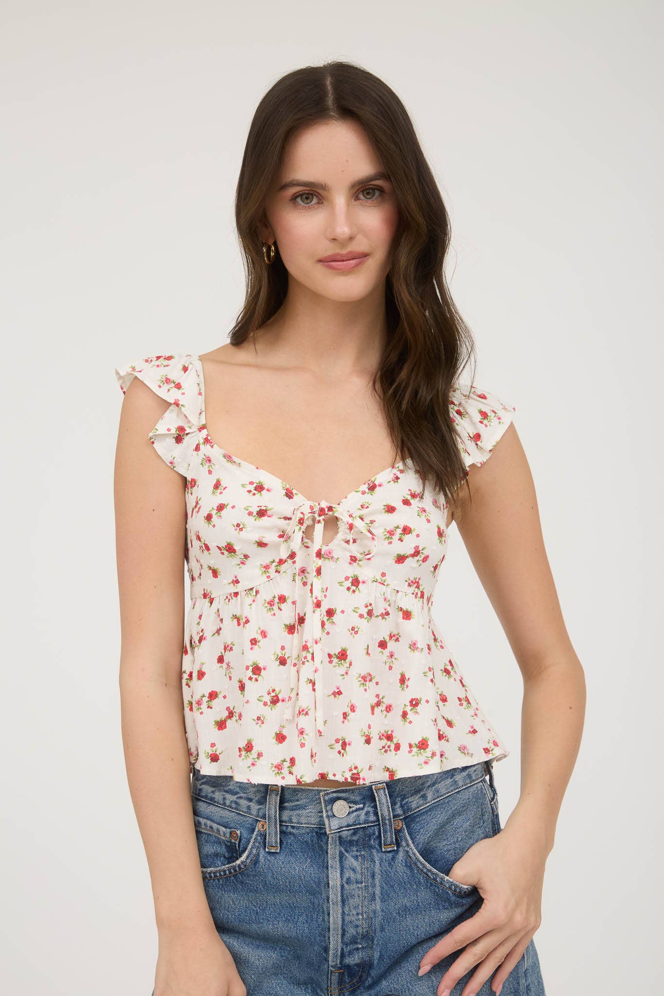 FLORAL CLIP DOT FRONT TIE WITH CUT-OUT CROP TOP