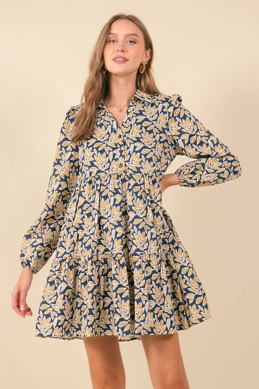 NAVY + MUSTARD HALF BUTTON DOWN MINI DRESS