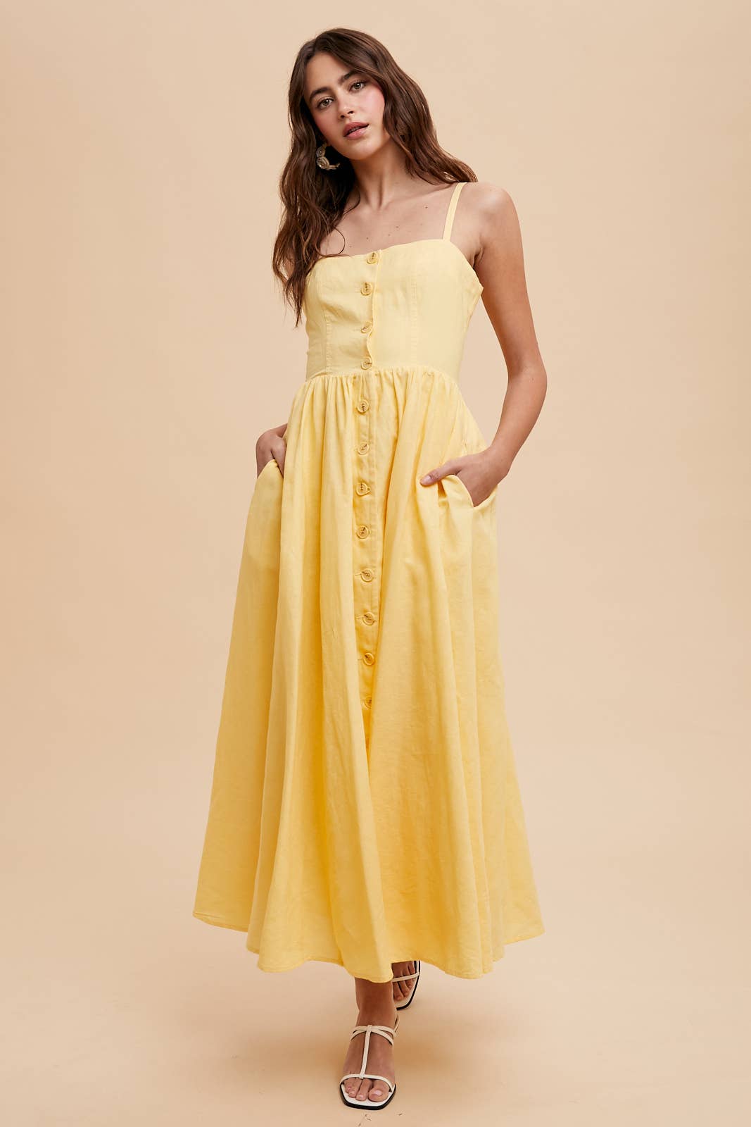Butter Yellow Linen Blend Button Dress L / Lemon Water Butter Yellow Linen Blend Button Dress L / Lemon Water