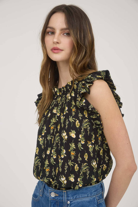 FLORAL RUFFLE DETAIL SLEEVELESS TOP
