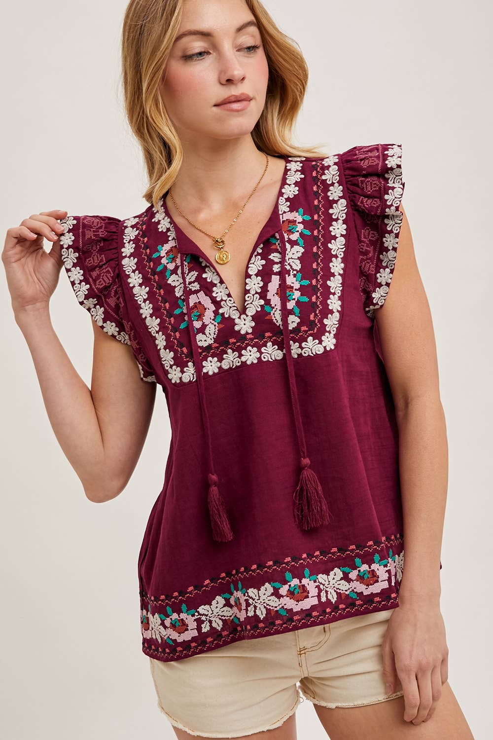 BOHO EMBROIDERED RUFFLED SLEEVE DRAWSTRING TOP
