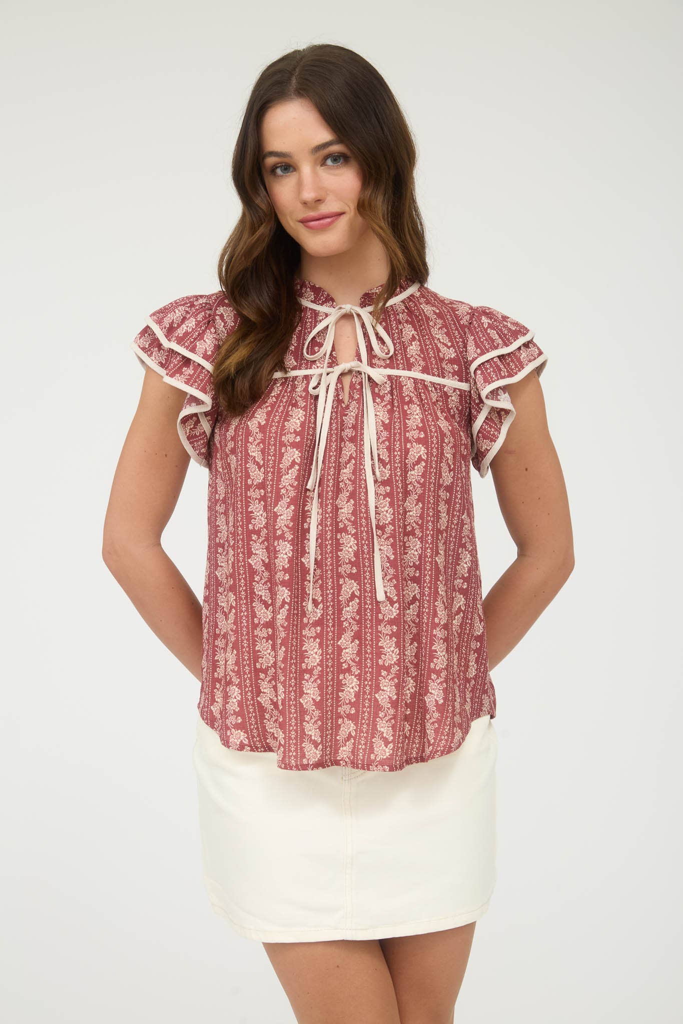 STRIPE FLORAL PATTERN TIE FRONT RUFFLE TOP
