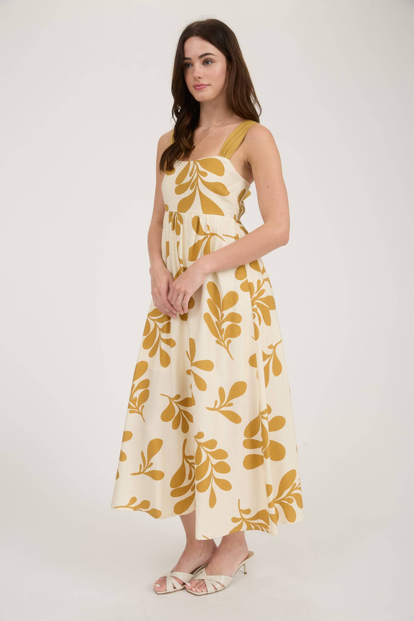 LEAF PRINT BACK TIE STRAP EMPIRE WAIST MIDI DRESS