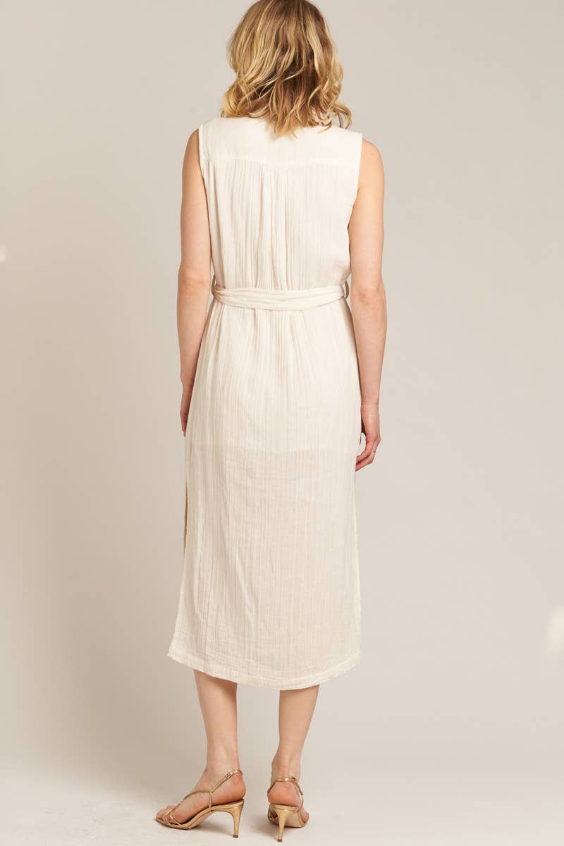 Sleeveless Button Down Midi Dress with Belt: Off White