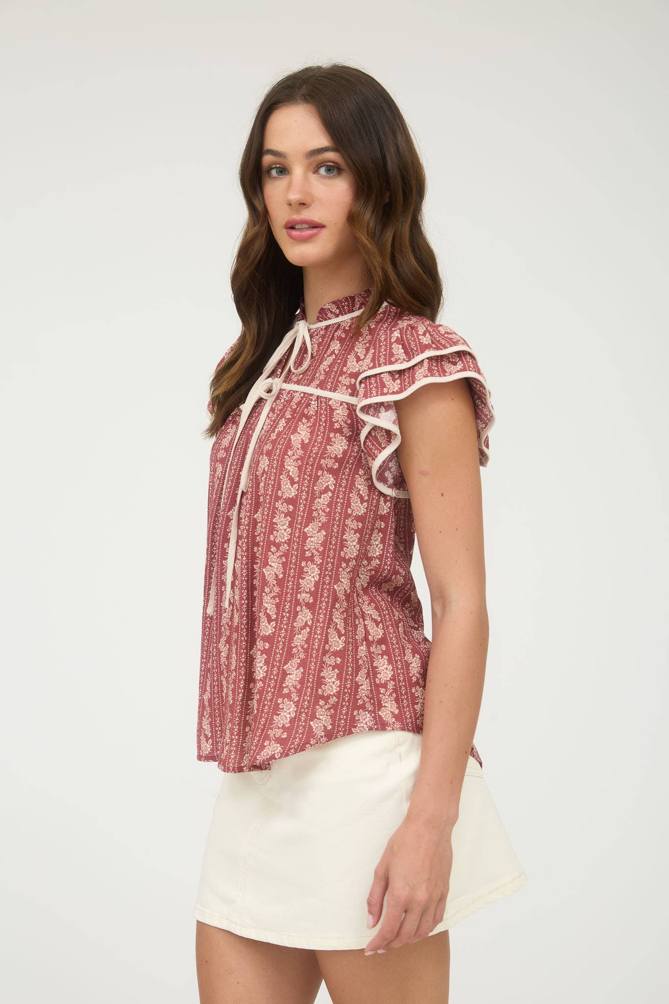 STRIPE FLORAL PATTERN TIE FRONT RUFFLE TOP
