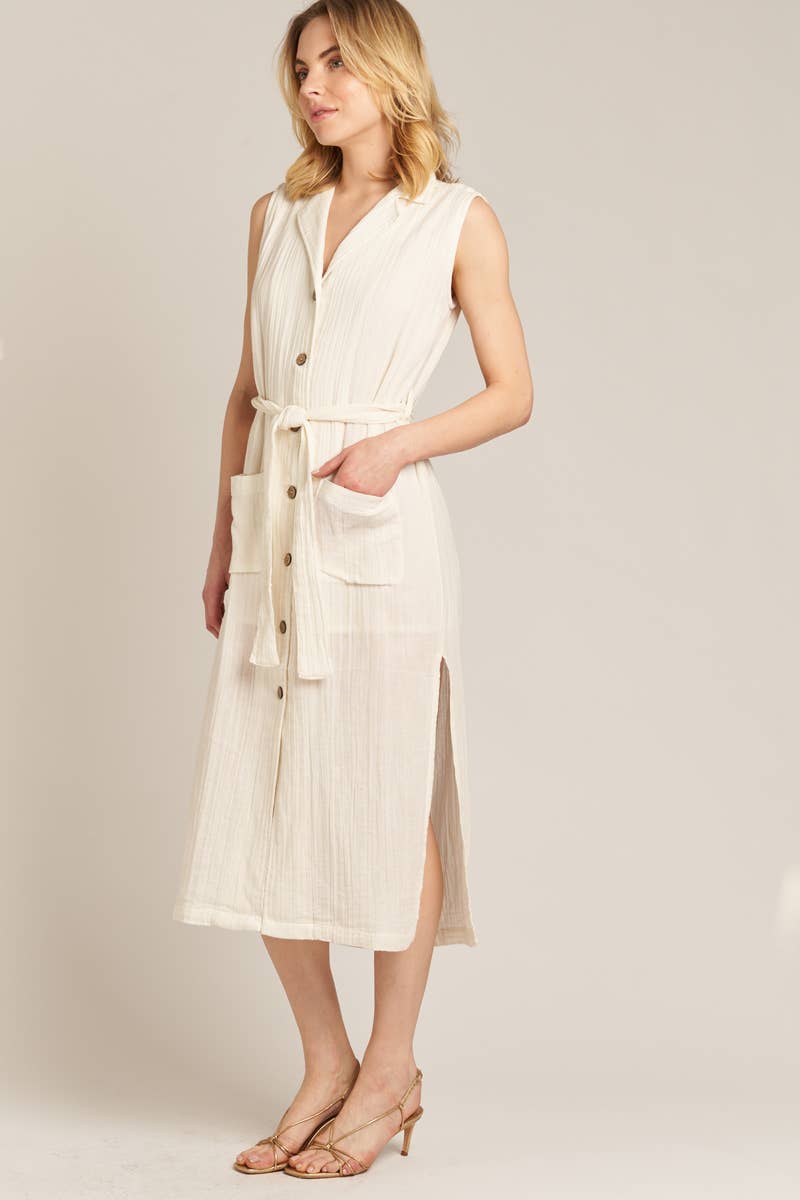 Sleeveless Button Down Midi Dress with Belt: Off White
