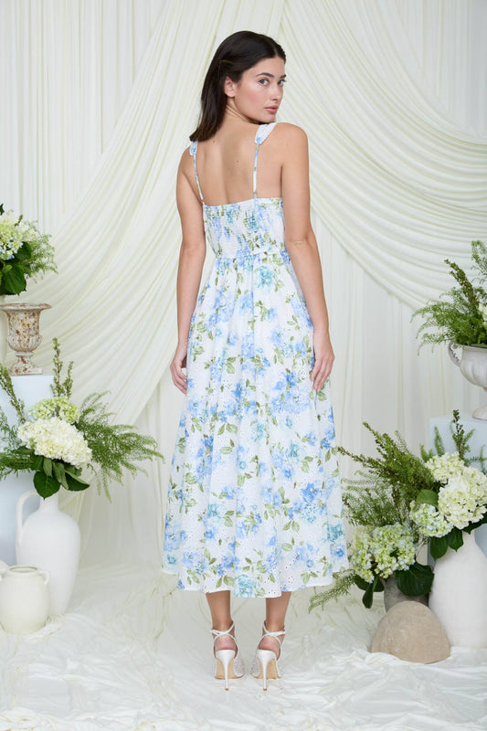 FLORAL EYELET PATTERN SCALLOP LACE TRIM MIDI DRESS