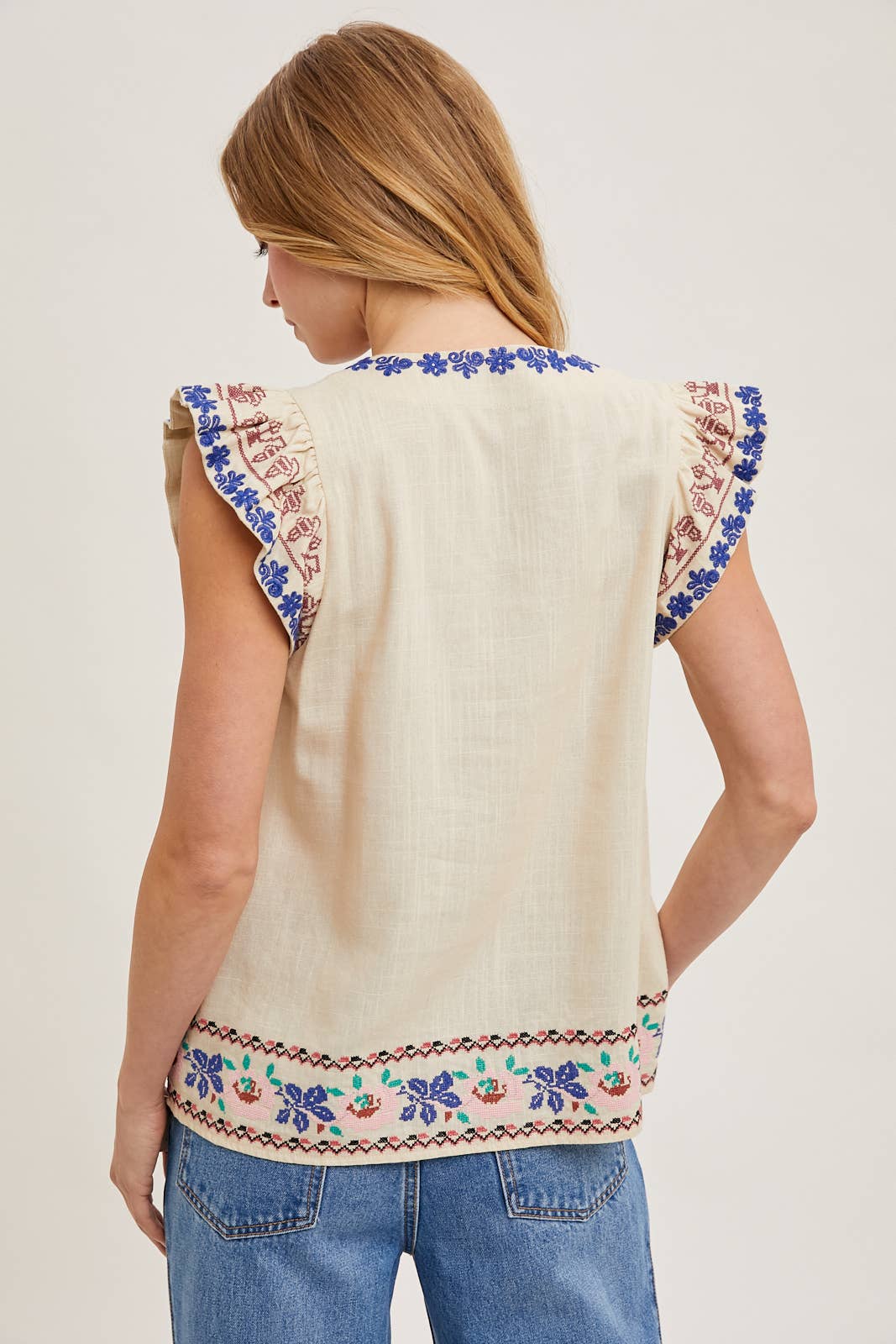 BOHO EMBROIDERED RUFFLED SLEEVE DRAWSTRING TOP