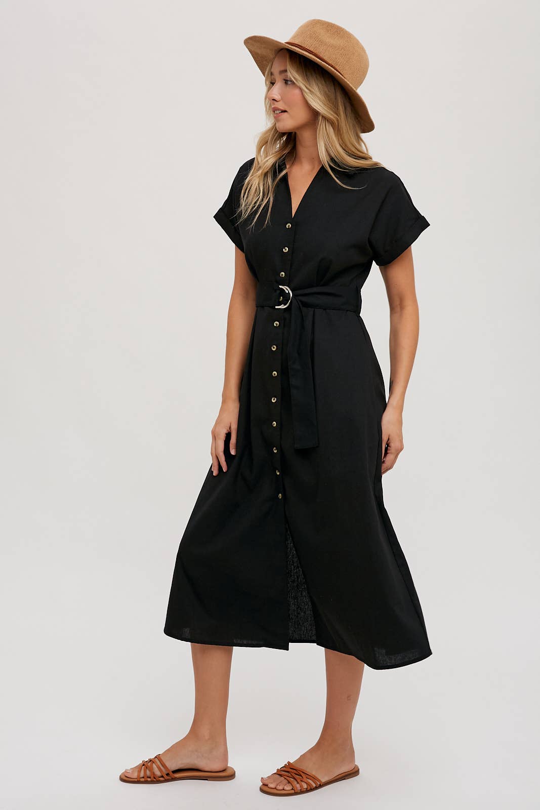 BUTTON DOWN BELTED MIDI DRESS