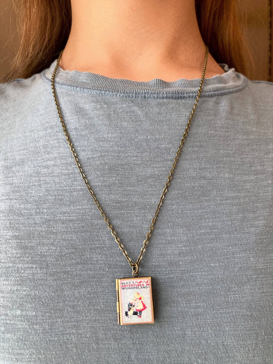 Book Locket Alice In Wonderland - Blue with Rabbit: Bronze