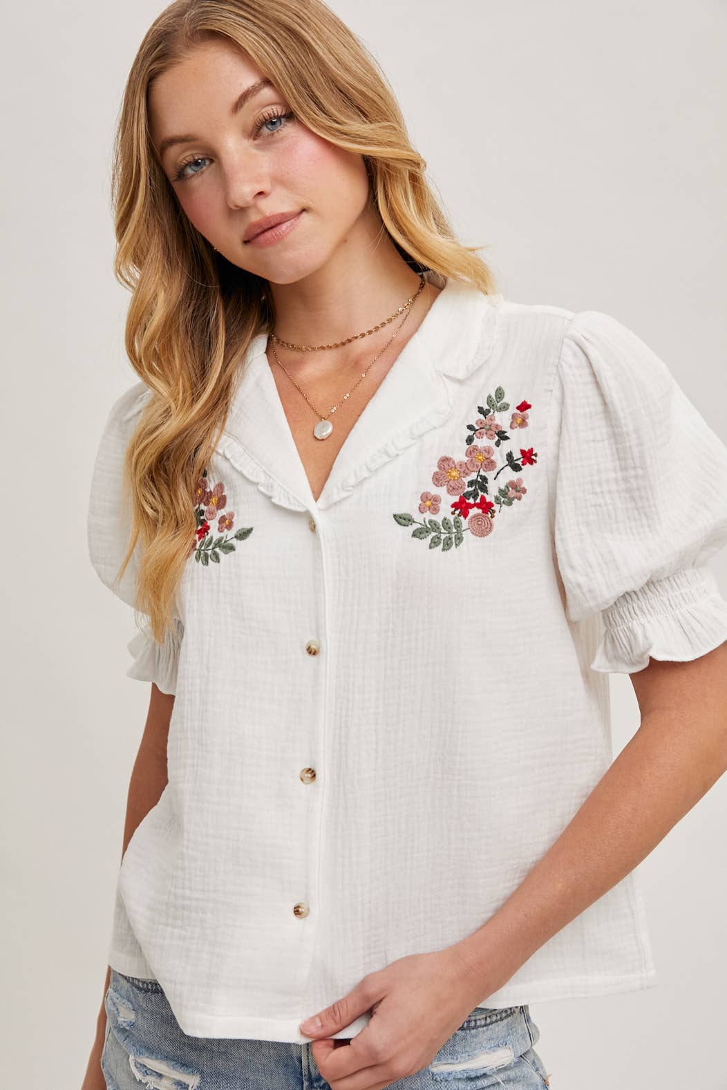 BUTTON DOWN EMBROIDERED PUFF SLEEVE BLOUSE TOP