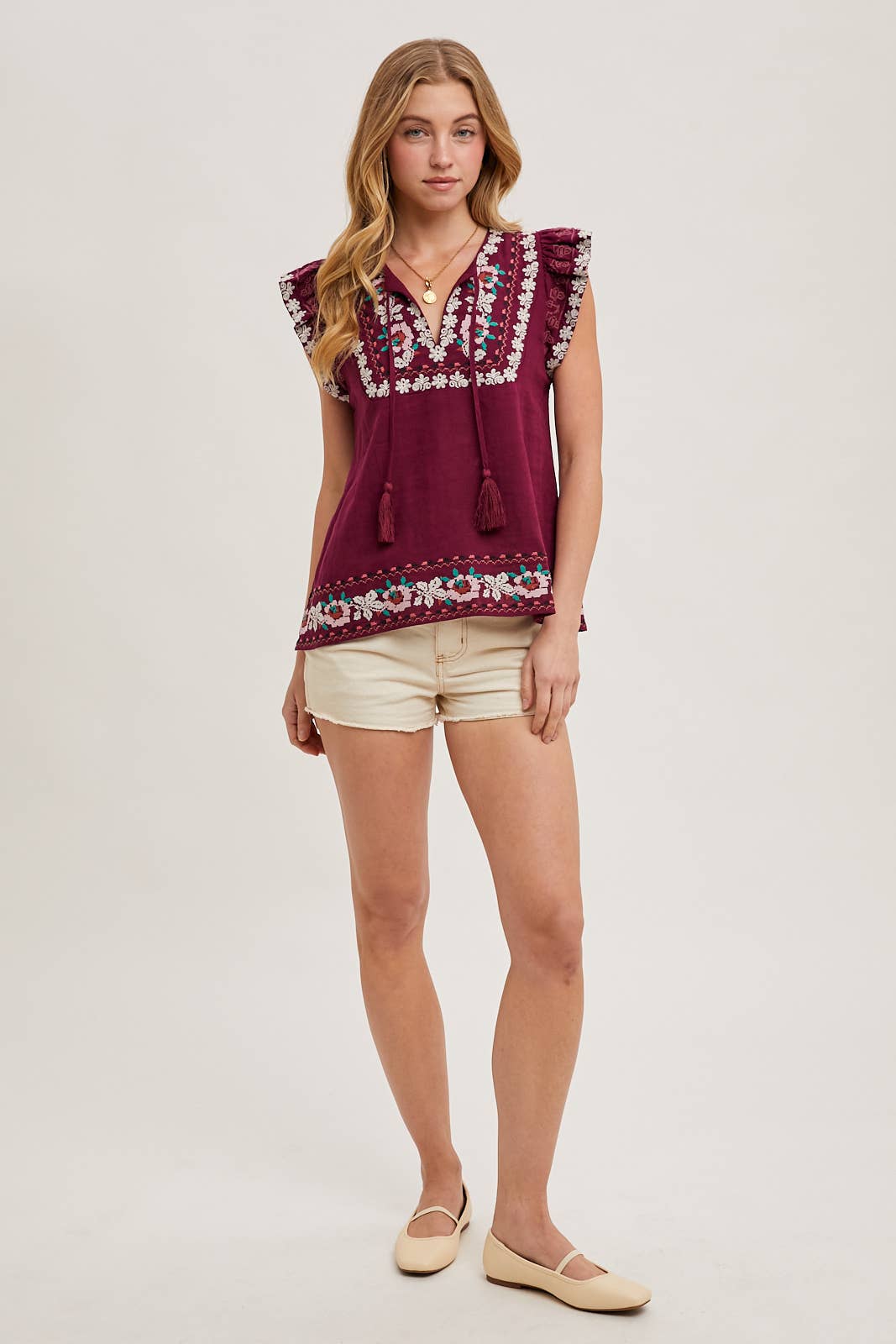 BOHO EMBROIDERED RUFFLED SLEEVE DRAWSTRING TOP