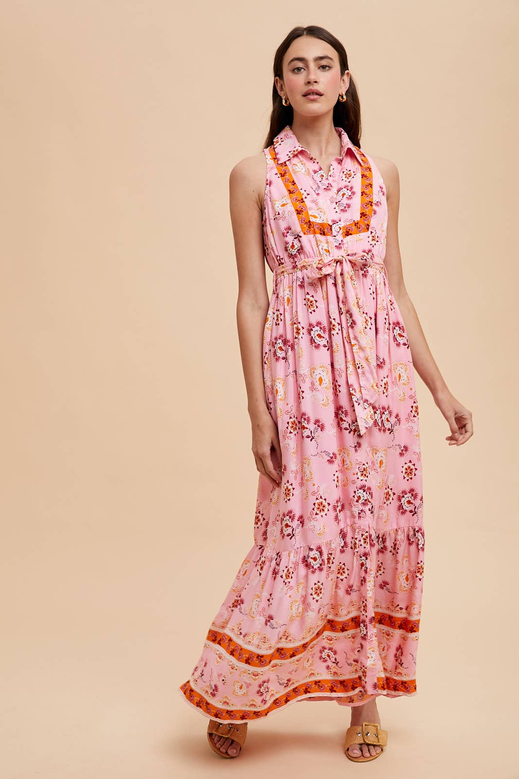 BORDER PRINT COLLARED BUTTON DOWN MAXI DRESS