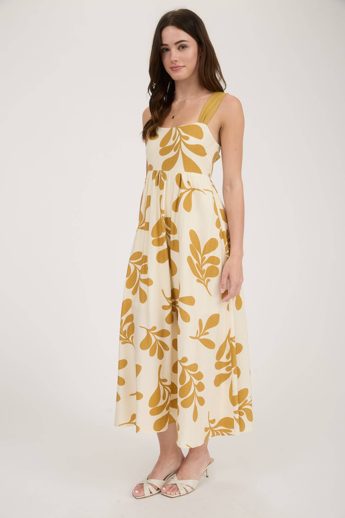 LEAF PRINT BACK TIE STRAP EMPIRE WAIST MIDI DRESS