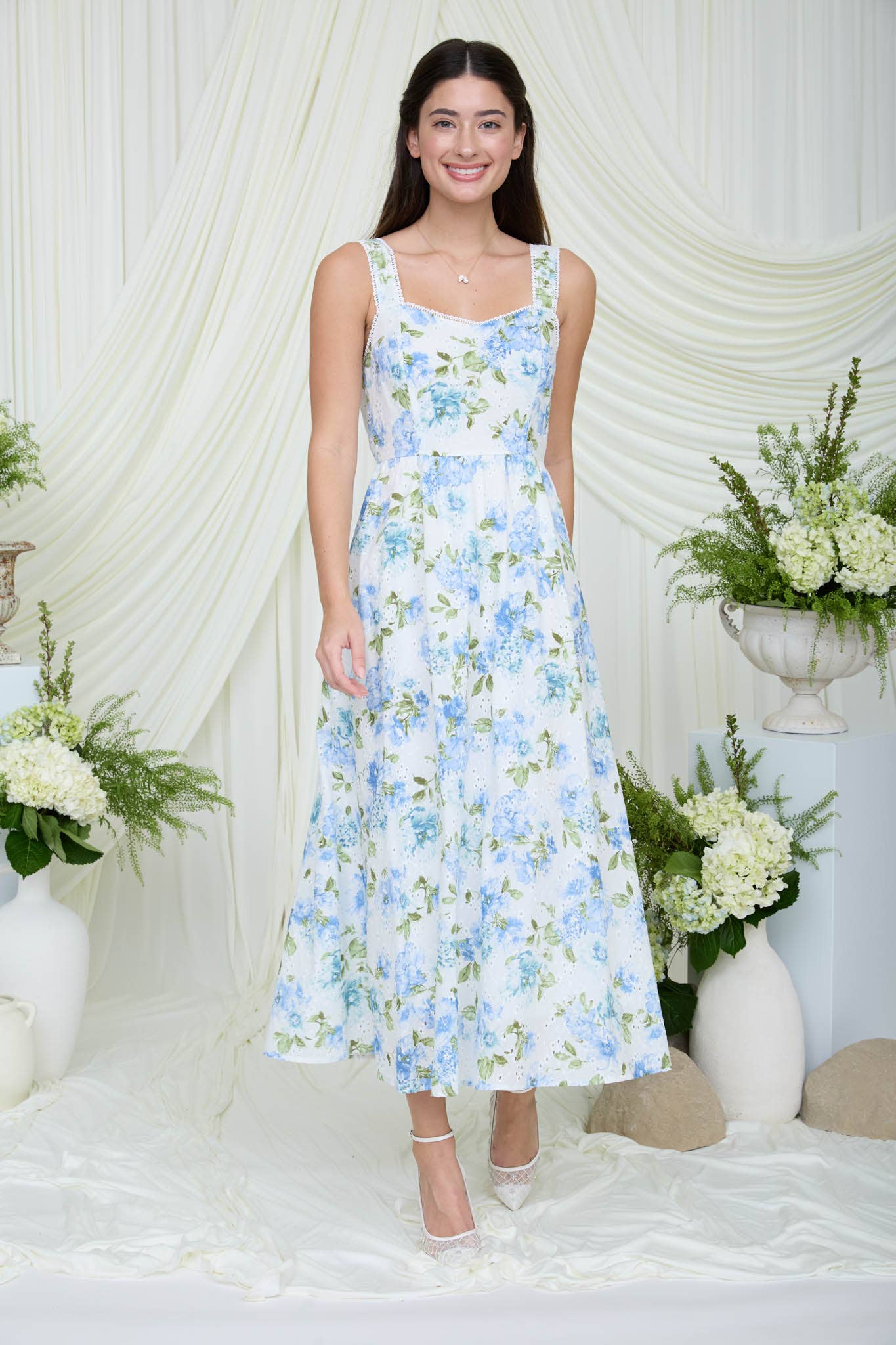 FLORAL EYELET PATTERN SCALLOP LACE TRIM MIDI DRESS