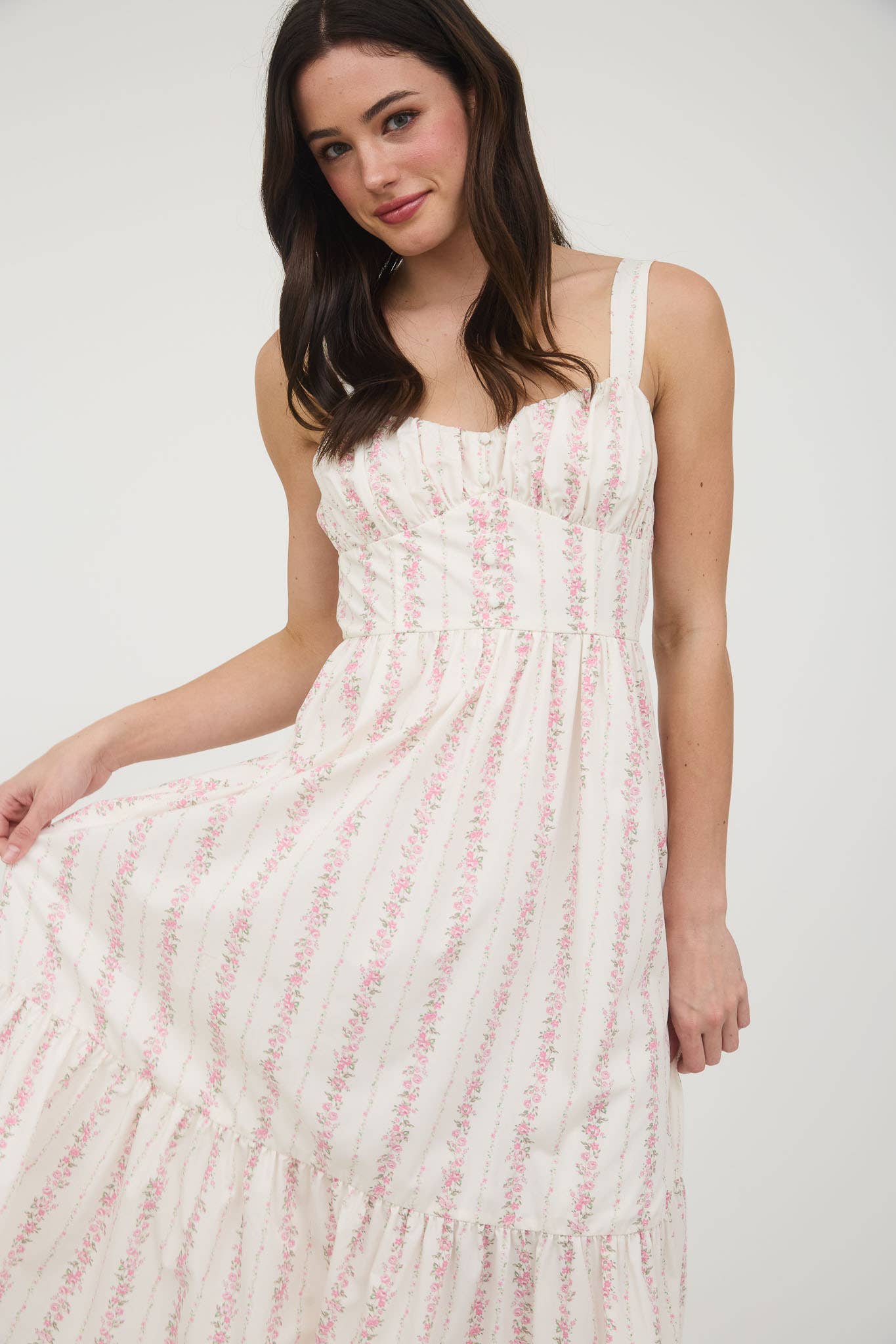 FLORAL STRIPE BUTTON DETAIL MAXI DRESS