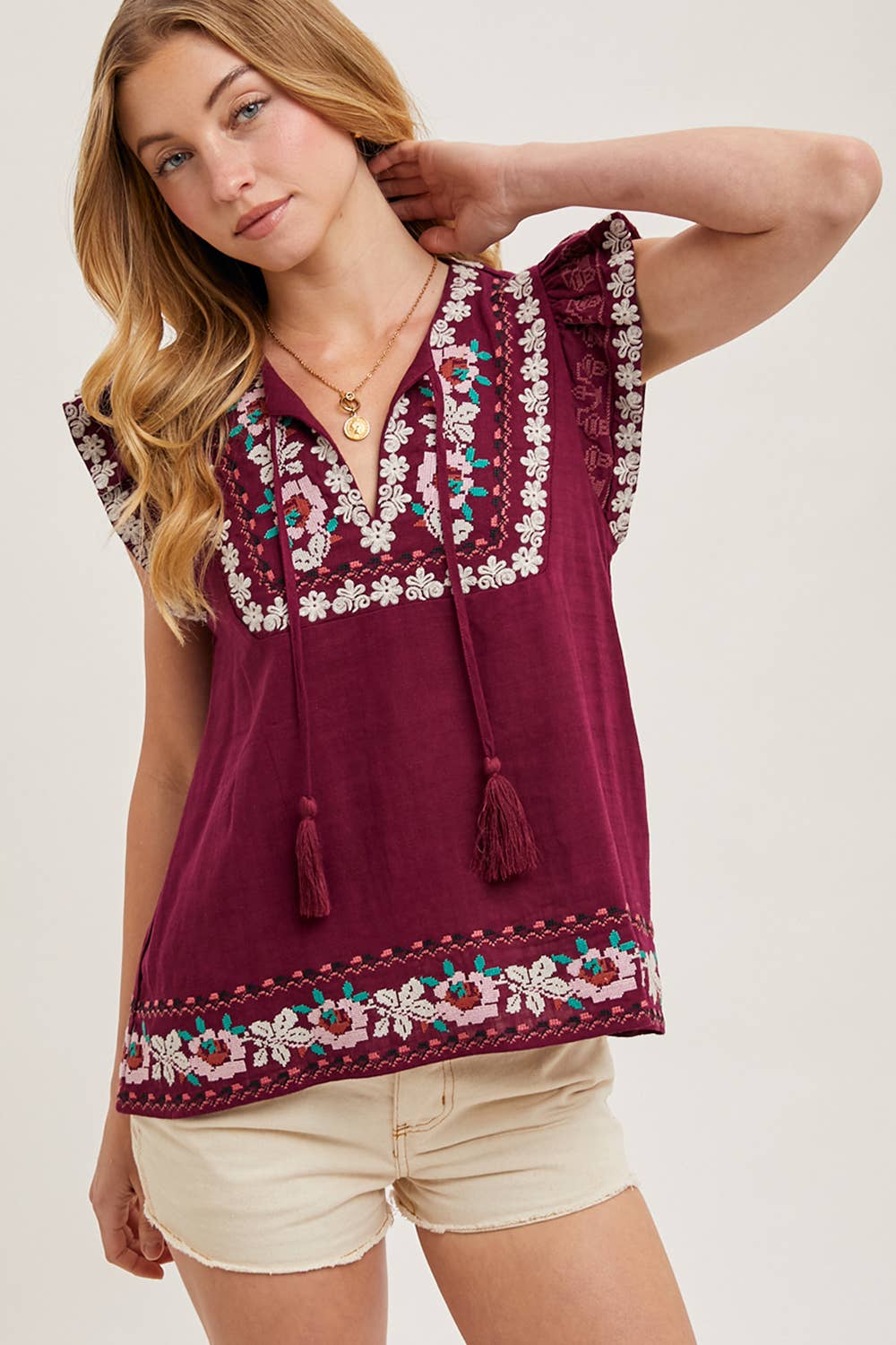 BOHO EMBROIDERED RUFFLED SLEEVE DRAWSTRING TOP