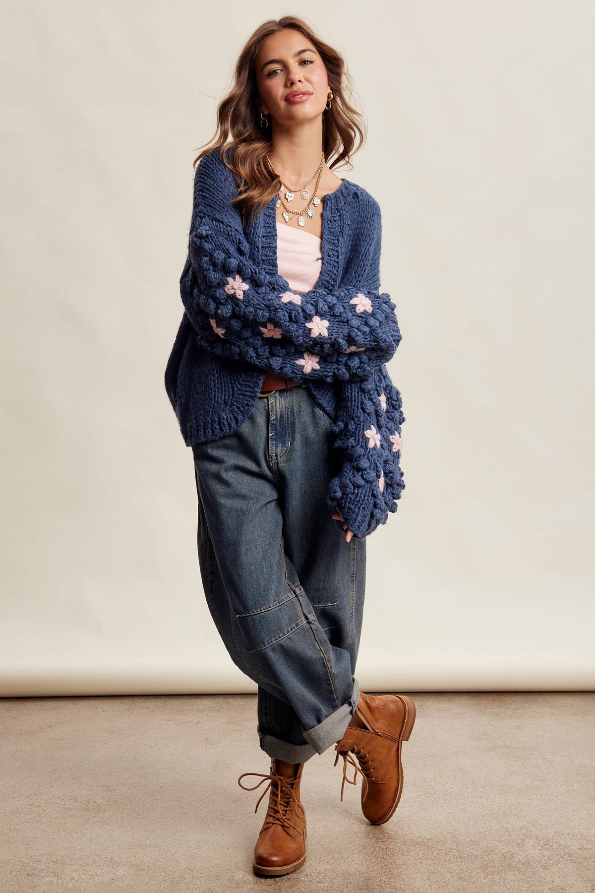 Hand Knit Floral Bobble Sleeve Cardigan