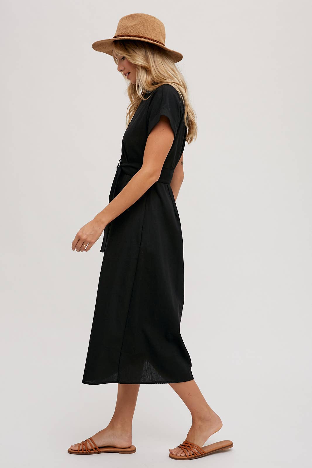BUTTON DOWN BELTED MIDI DRESS