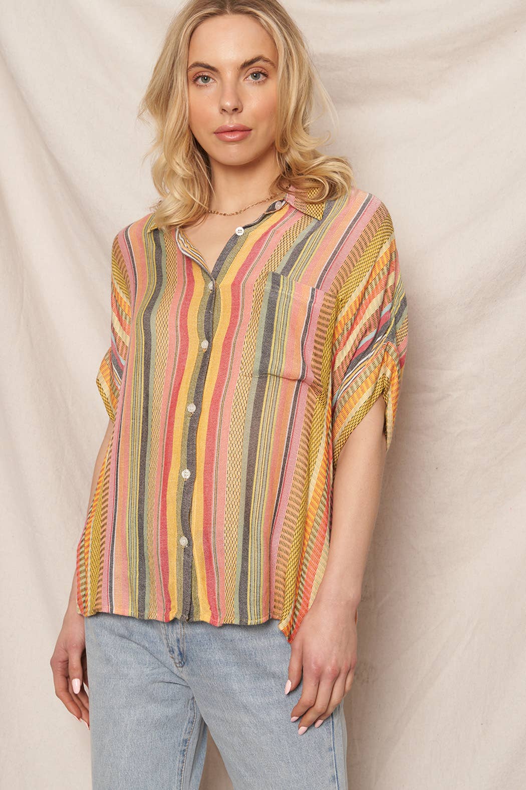 Multicolor Striped Button Down Shirt: YELLOW MULTI