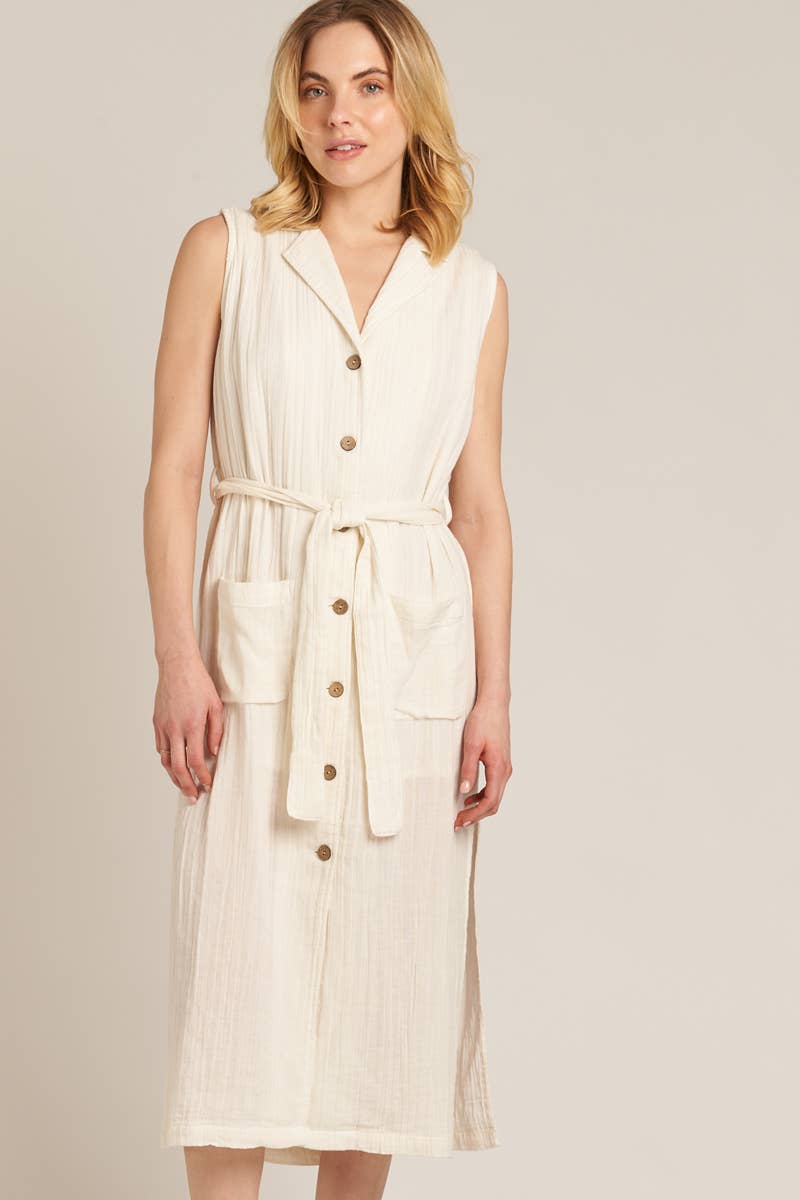 Sleeveless Button Down Midi Dress with Belt: Off White