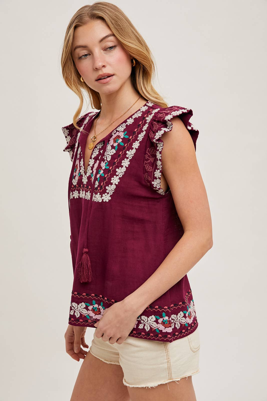 BOHO EMBROIDERED RUFFLED SLEEVE DRAWSTRING TOP