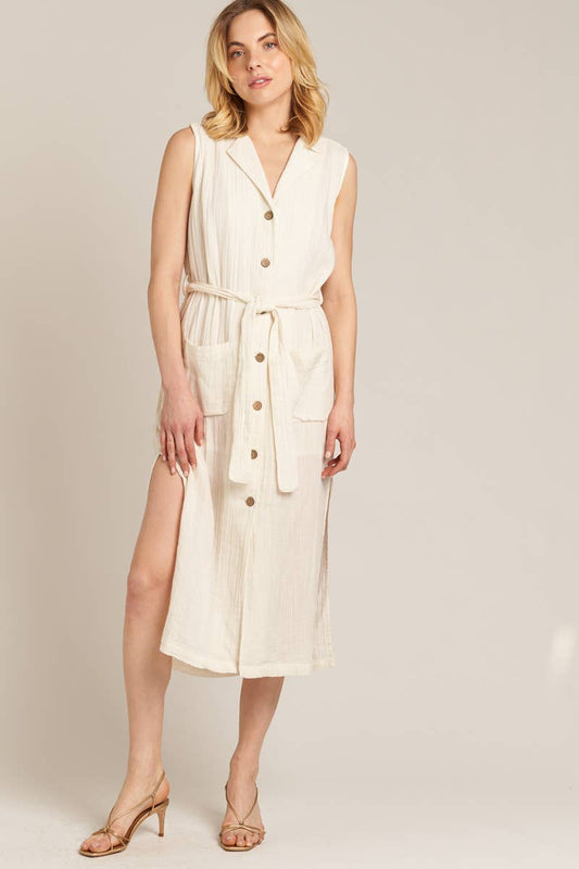 Sleeveless Button Down Midi Dress with Belt: Off White