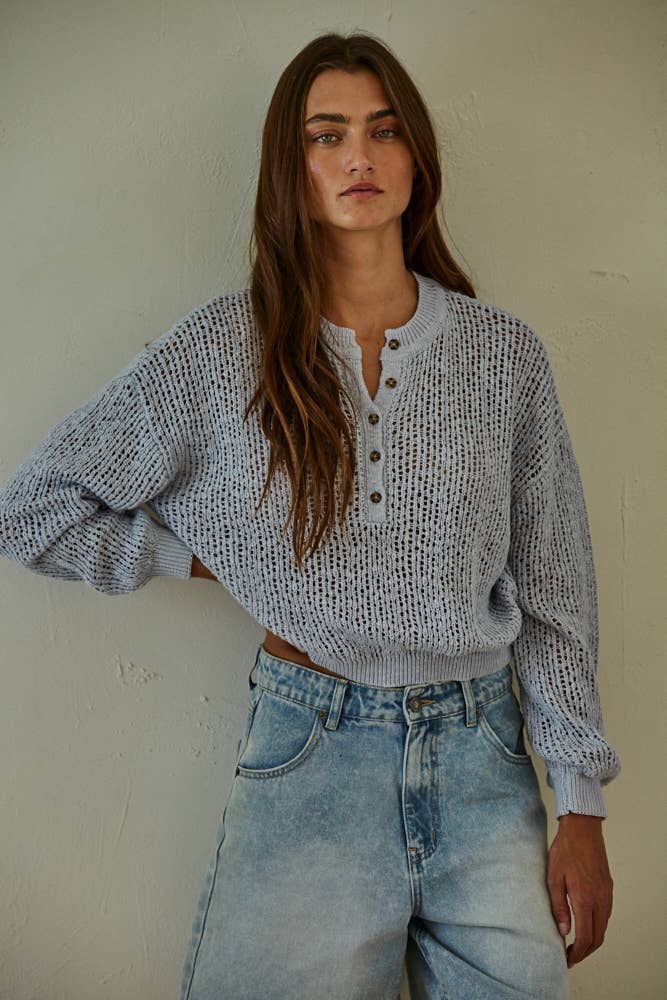 Knit Sweater Neck Henley See Through Pullover Top in Light Blue