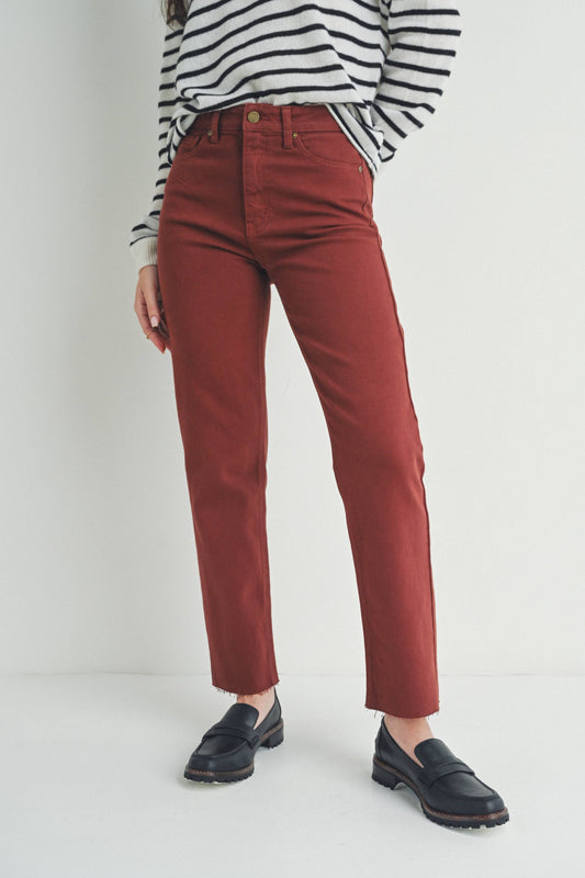 Burgundy Cut Off Cropped Straight Leg Jean
