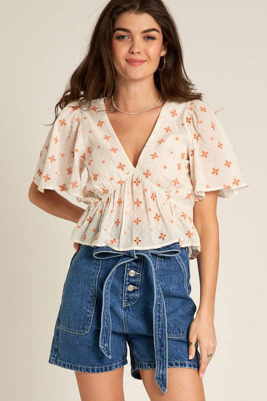 Flutter Sleeve V-Neck Top: White Coral