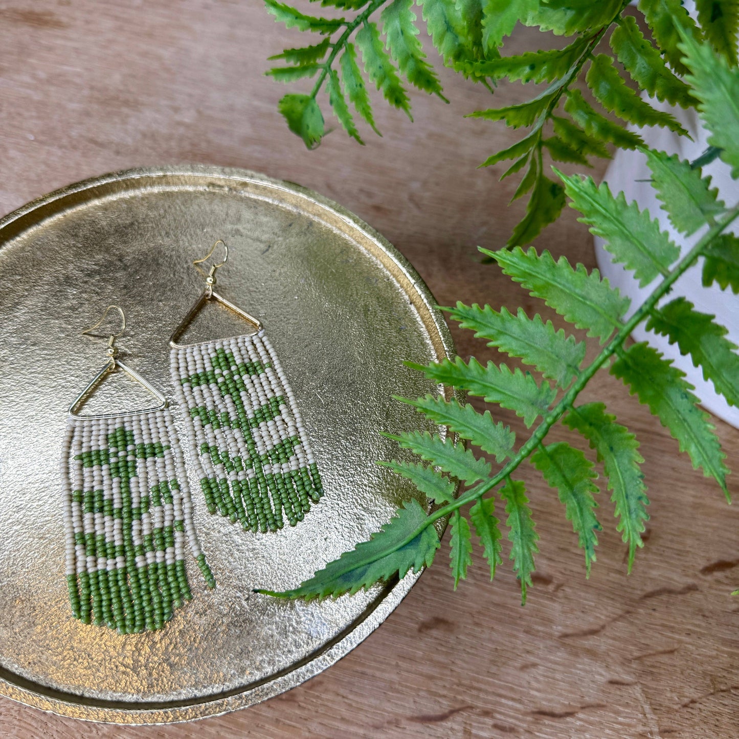 Swedish-Inspired Folk Floral Seed Bead Earrings- Green