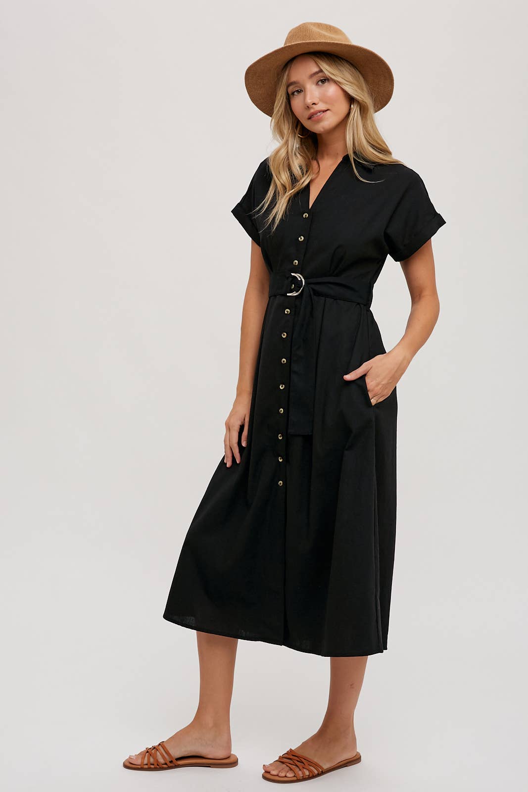 BUTTON DOWN BELTED MIDI DRESS