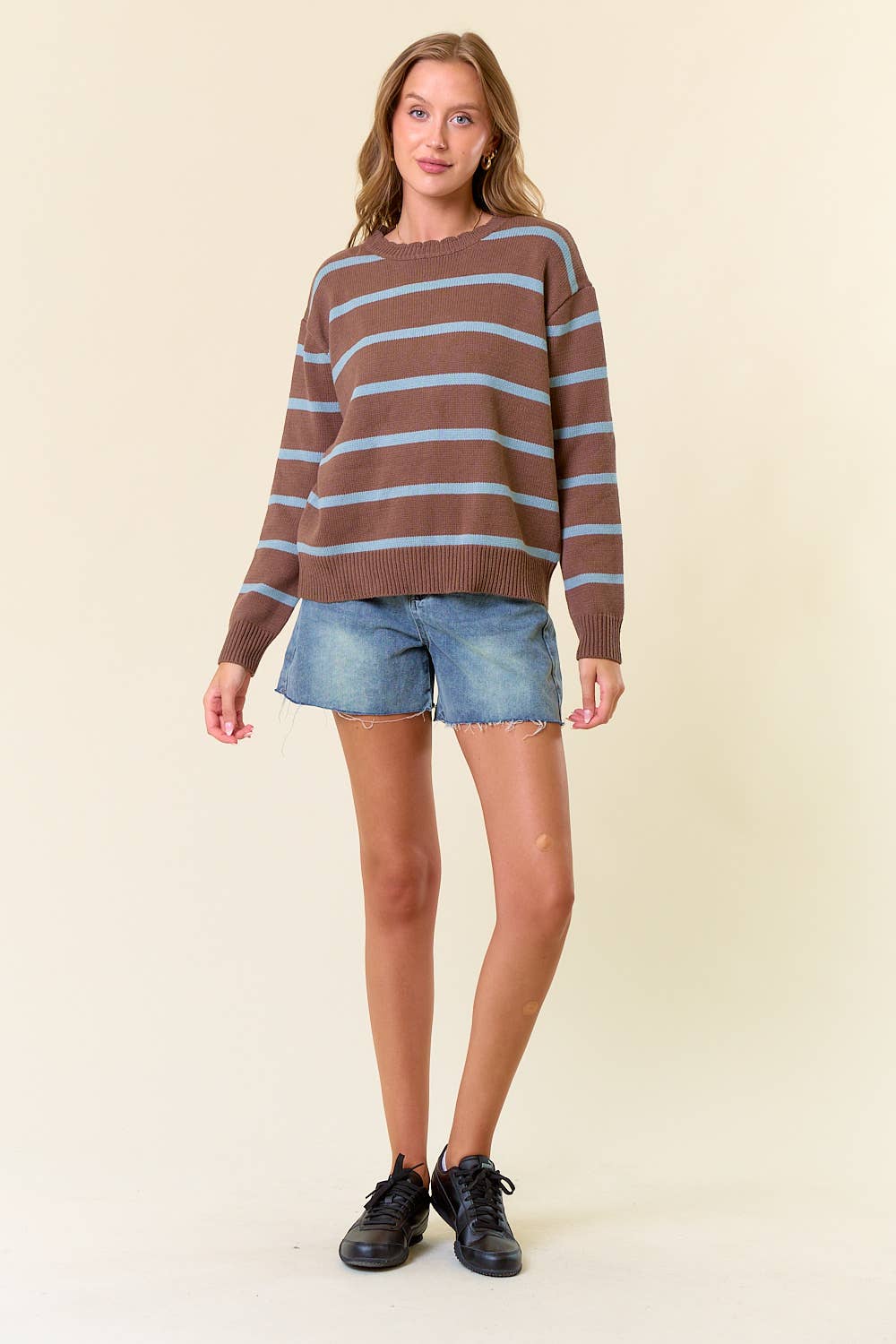 Scallop Neckline Long Sleeve Striped Sweater Top