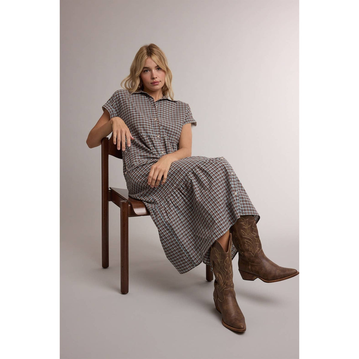 TIERED GINGHAM SHIRT MIDI DRESS WITH POCKETS