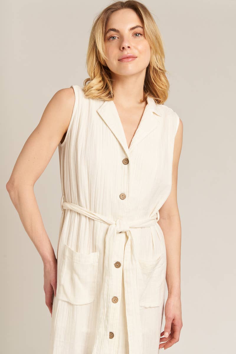 Sleeveless Button Down Midi Dress with Belt: Off White