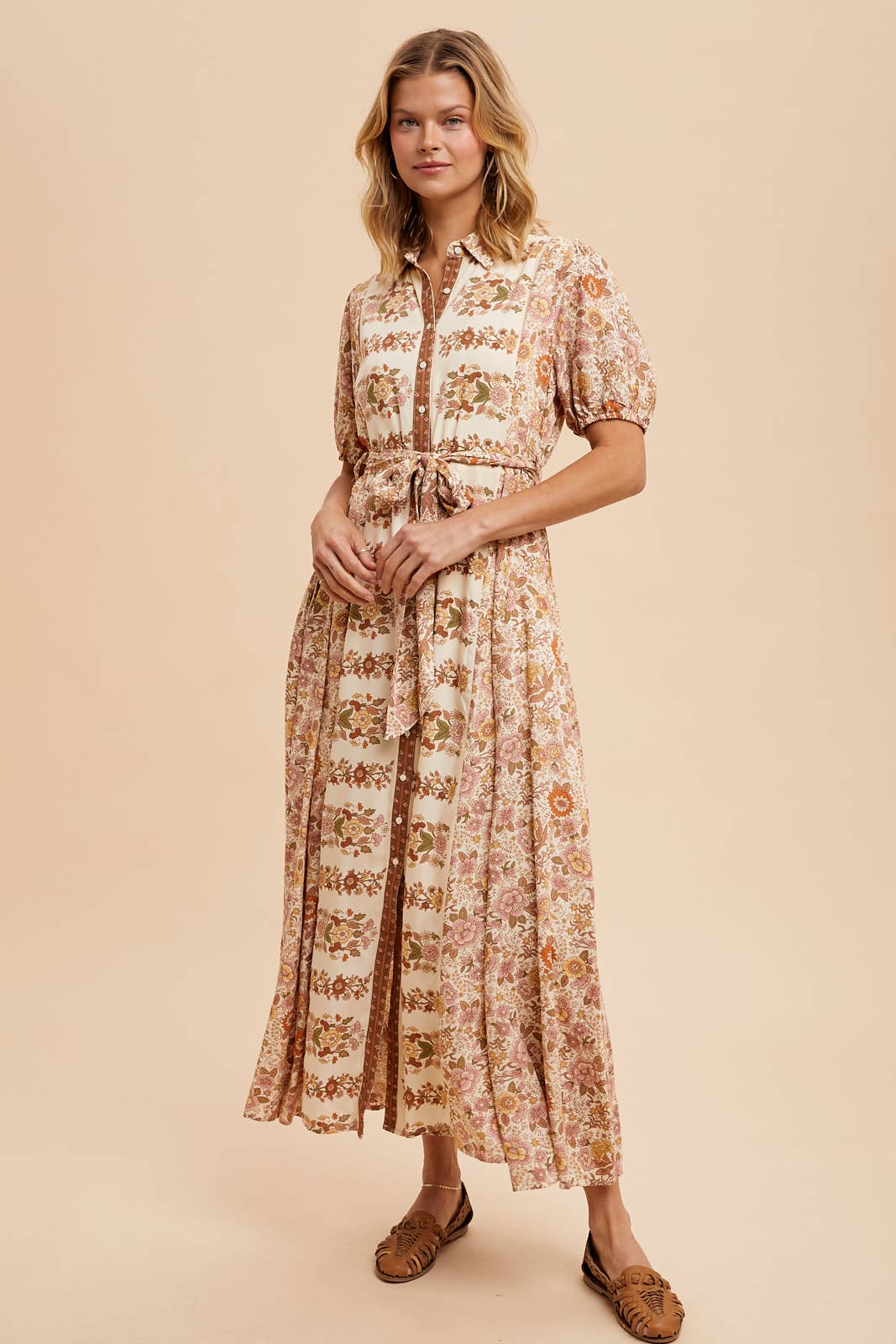 PRAIRIE BORDER PRINT BUTTON DOWN MAXI DRESS: VINTAGE CREAM