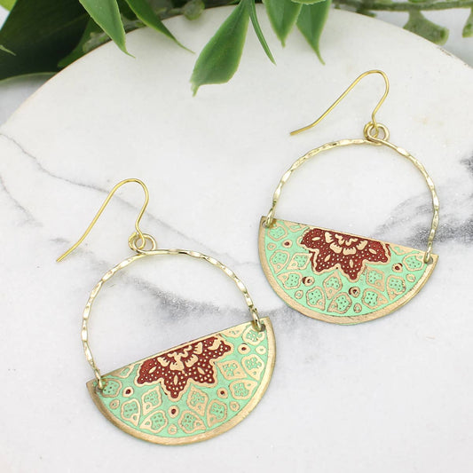 Moroccan Market Enamel Embossed Gold Half Circle Earrings