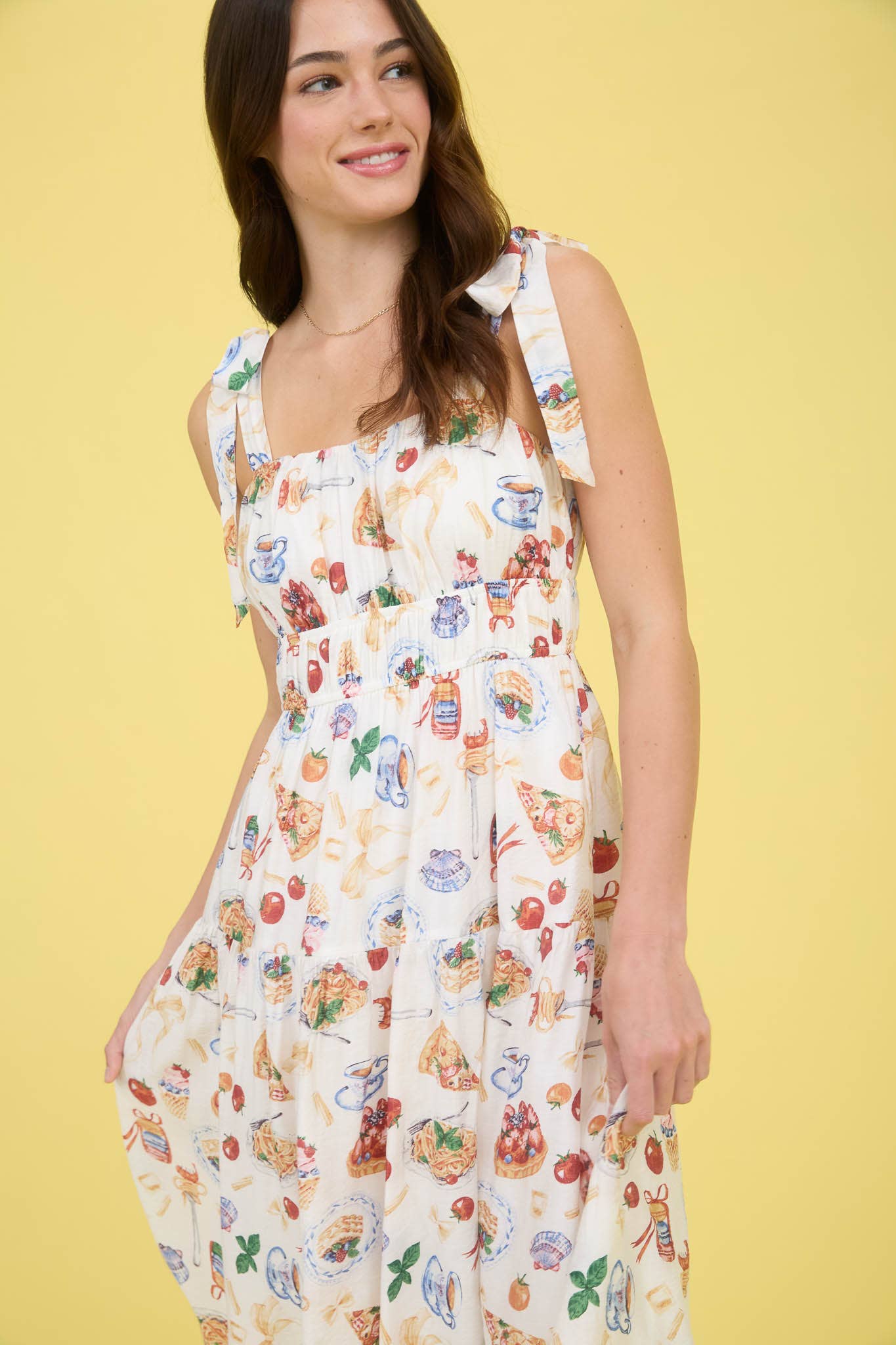 TEA TIME PRINT TIE STRAP MIDI DRESS