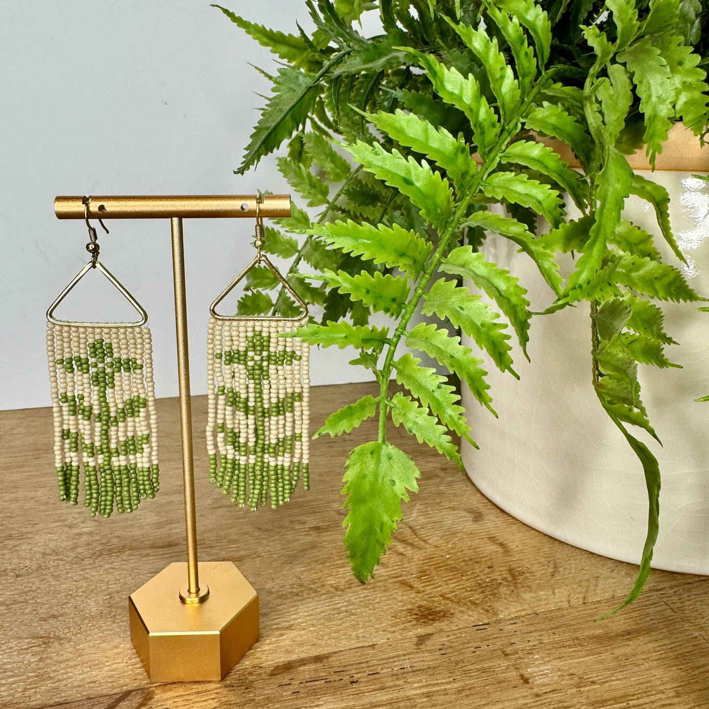 Swedish-Inspired Folk Floral Seed Bead Earrings- Green