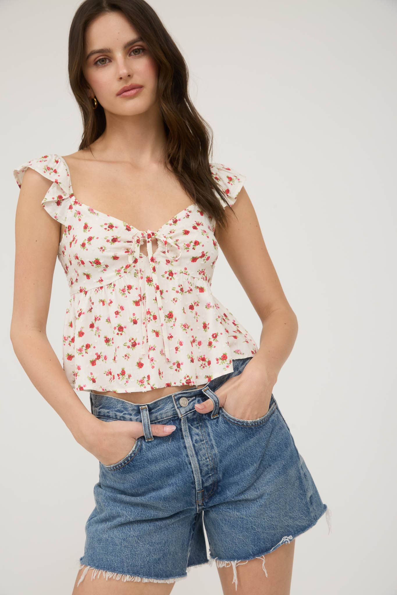 FLORAL CLIP DOT FRONT TIE WITH CUT-OUT CROP TOP