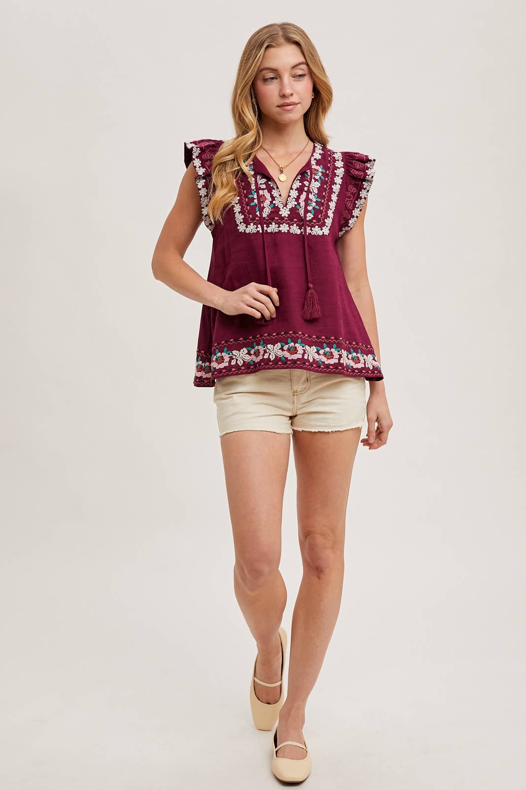 BOHO EMBROIDERED RUFFLED SLEEVE DRAWSTRING TOP