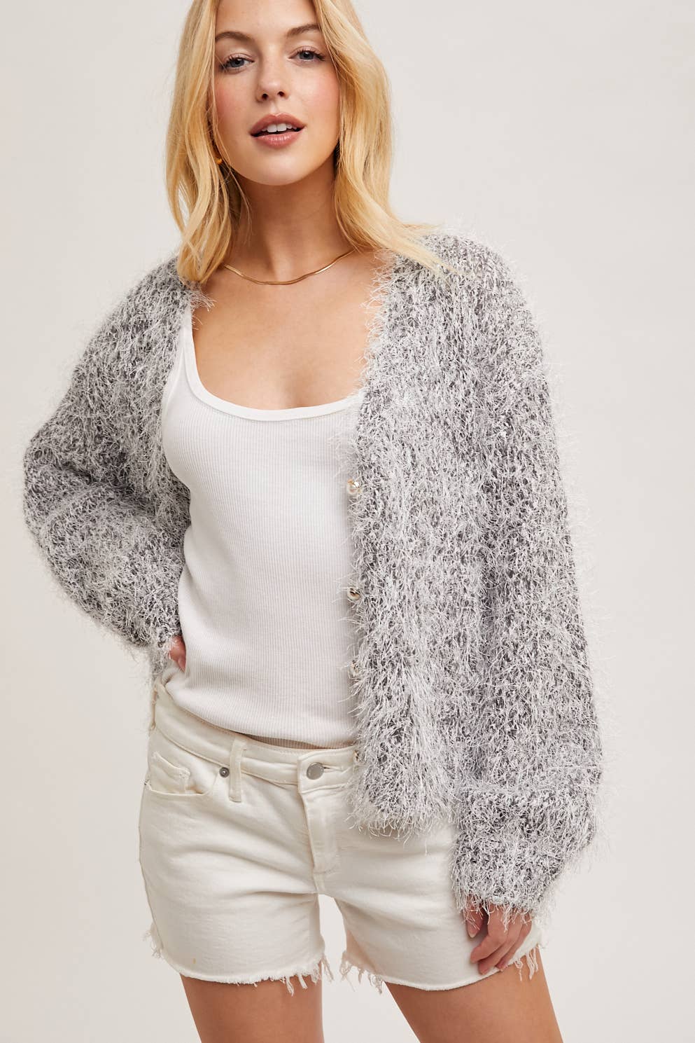 PEARL BUTTON DOWN FUZZY KNIT CARDIGAN