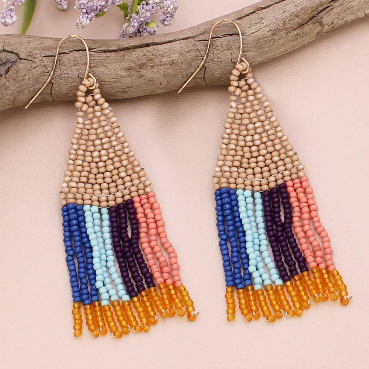 Neutral Retro Seed Bead Fringe Earrings