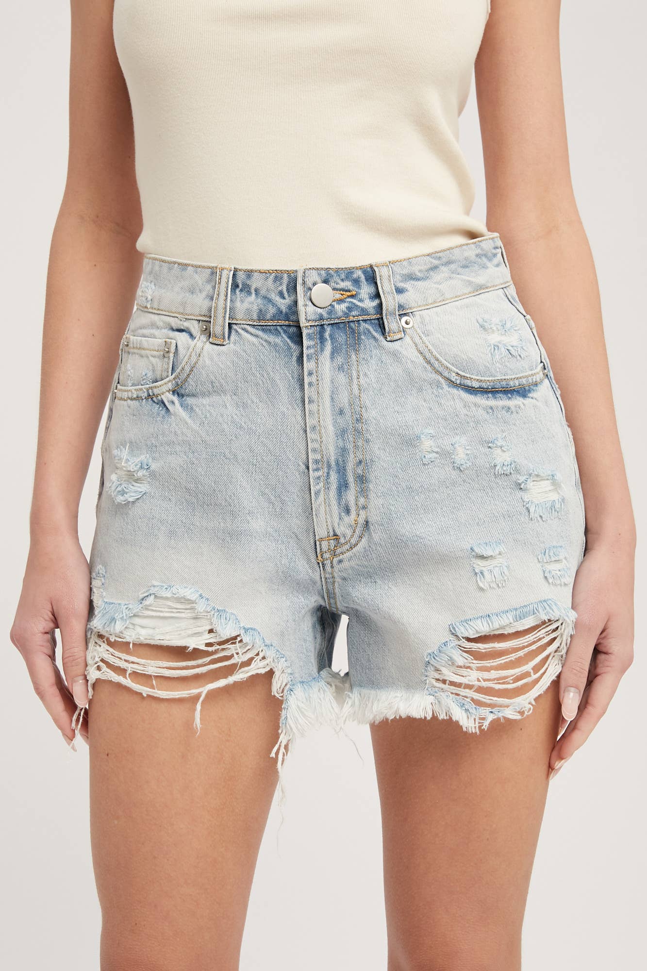 Distressed High Rise Denim Cut Off Shorts