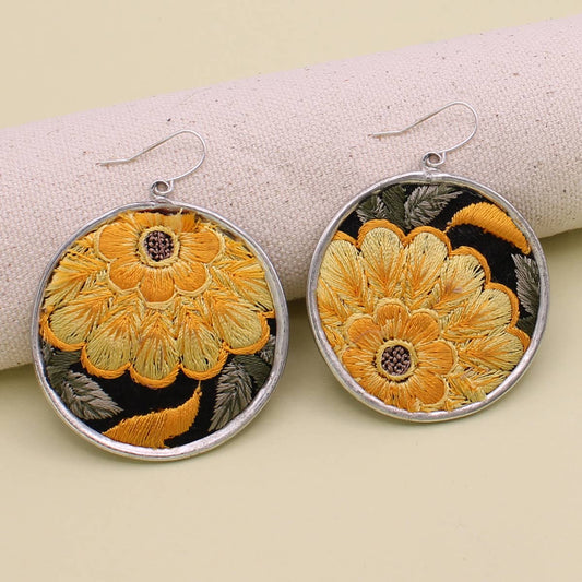 Round Embroidered Yellow Flower Silver Earrings