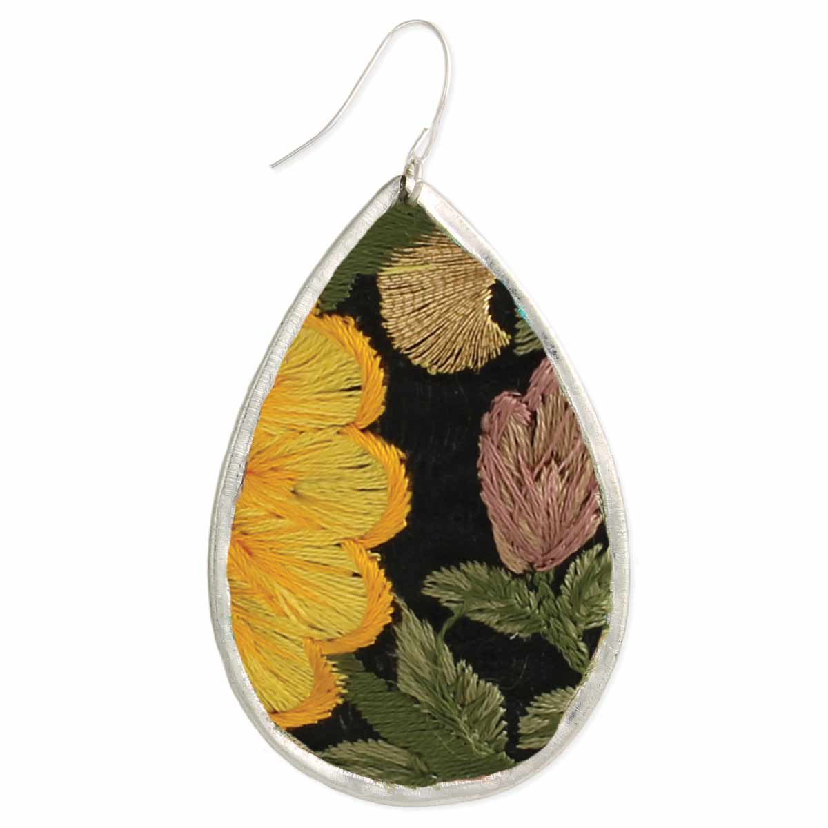 Yellow Flower Embroidered Elegance Silver Teardrop Earring