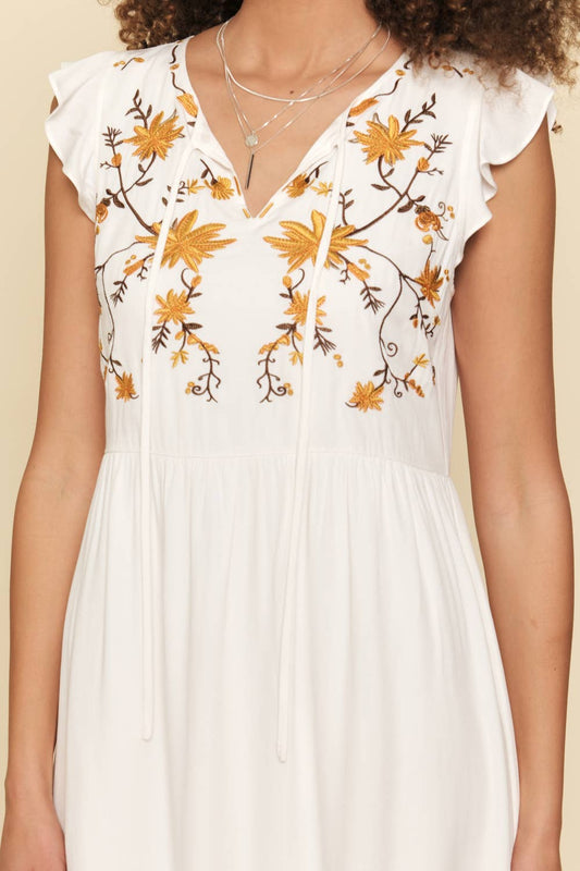 White & Gold Floral Embroidery Dress