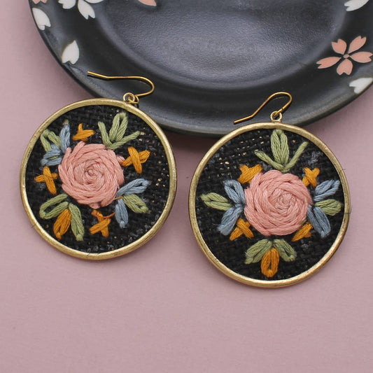 Black Floral Cross Stitch Gold Earrings