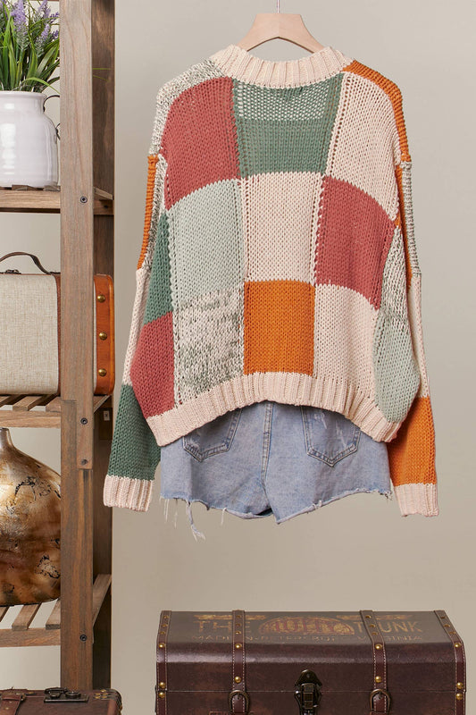 Color Block Crochet V Neck Cardigan